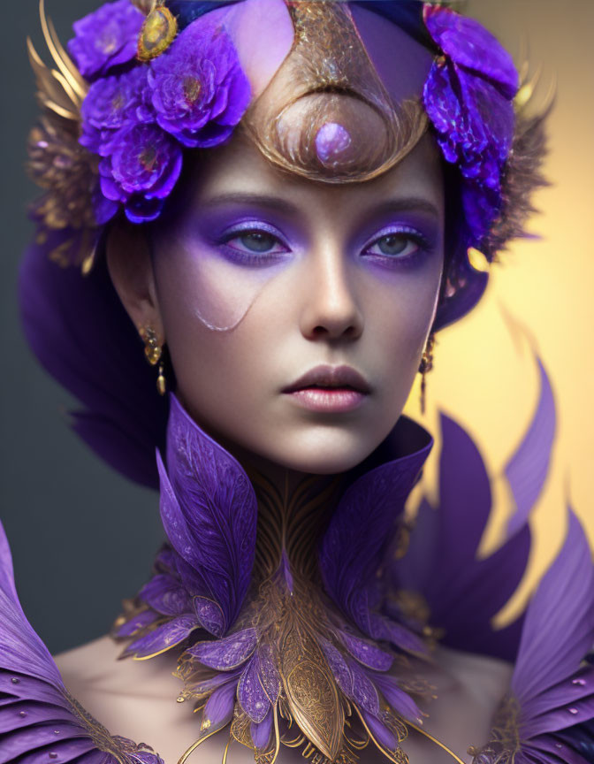 Purple-themed artistic makeup and headdress with floral and feather elements in gold.