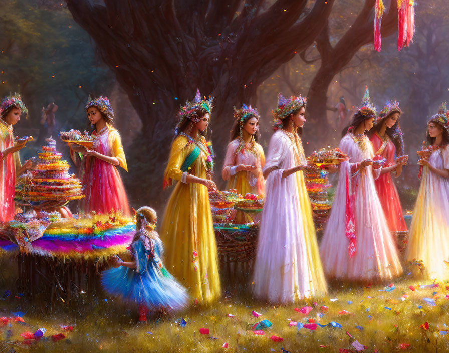 Women in ethereal dresses with floral crowns in mystical forest scene