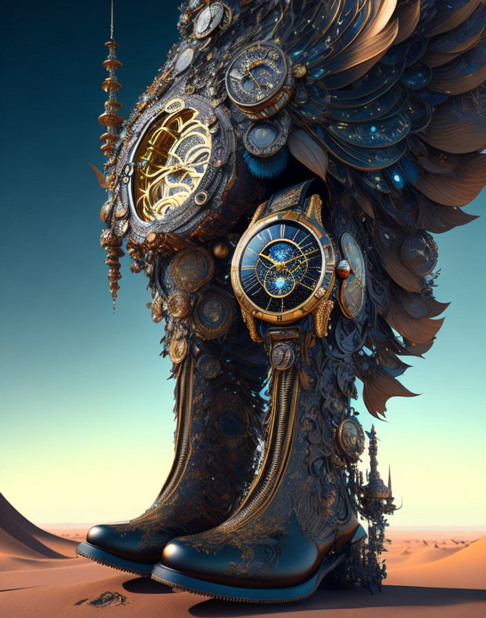 Intricate clockwork owl in desert landscape with gears