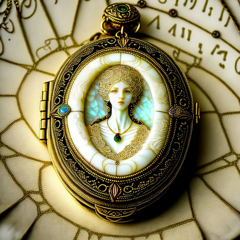 Intricate Golden Design Female Portrait Pocket Watch