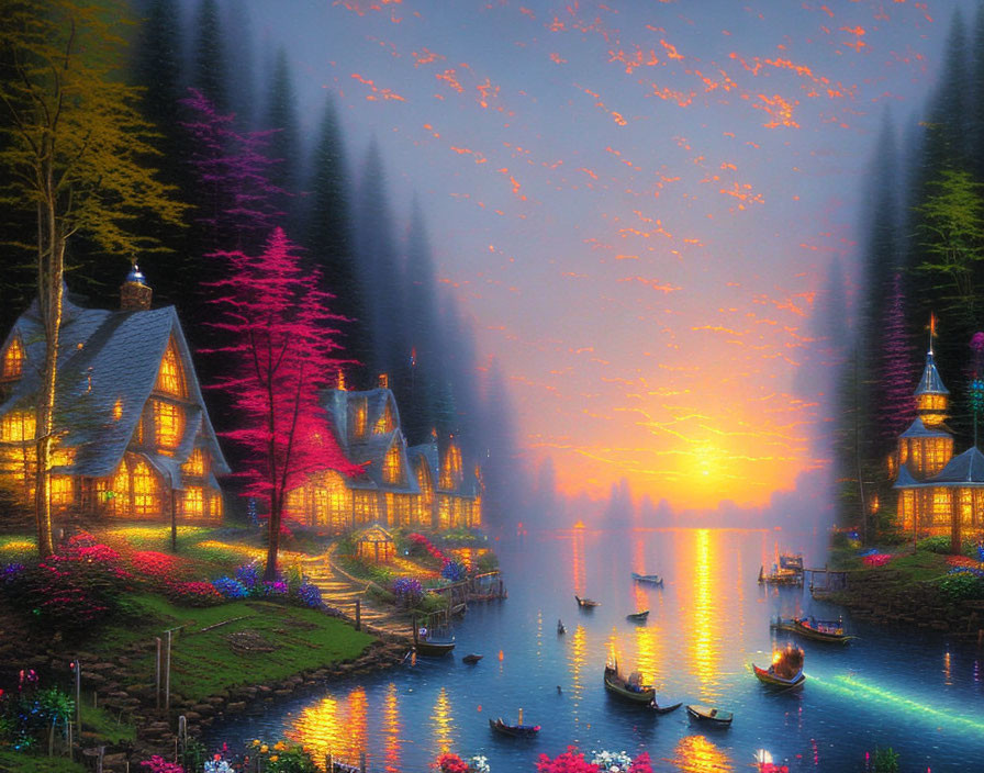 Colorful Fantasy Landscape: Illuminated Cottages, Sunset Lake, Boats