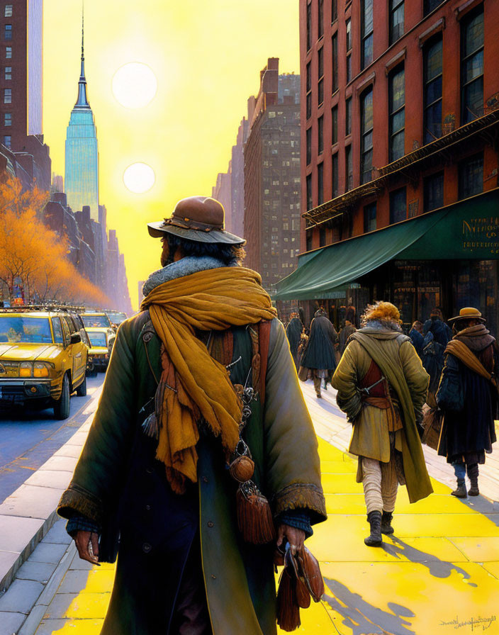 Man in heavy coat and scarf on city street with yellow cabs and pedestrians, tall building under yellow