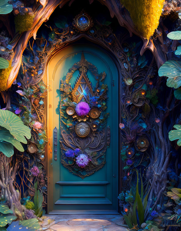 Teal Door with Purple Flowers and Fantasy Setting