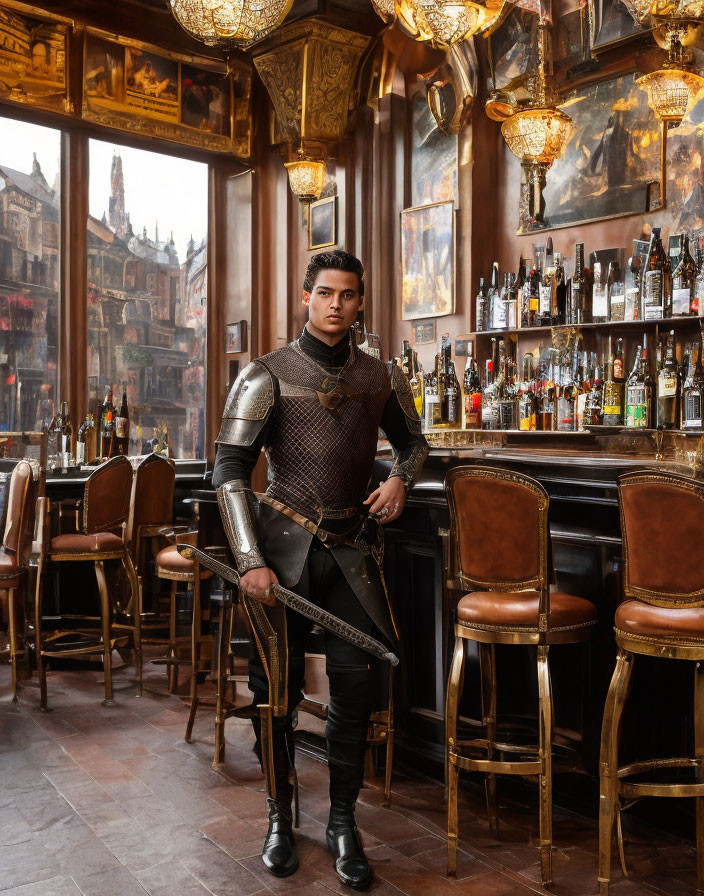 Medieval-style armor-clad person in ornate bar setting.