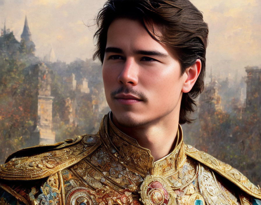 Young man in golden armor against medieval cityscape