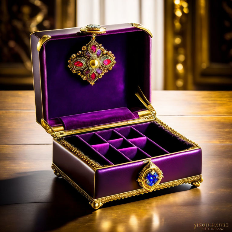 Gold-trimmed jewelry box with velvet lining, compartments, gem-encrusted brooch,