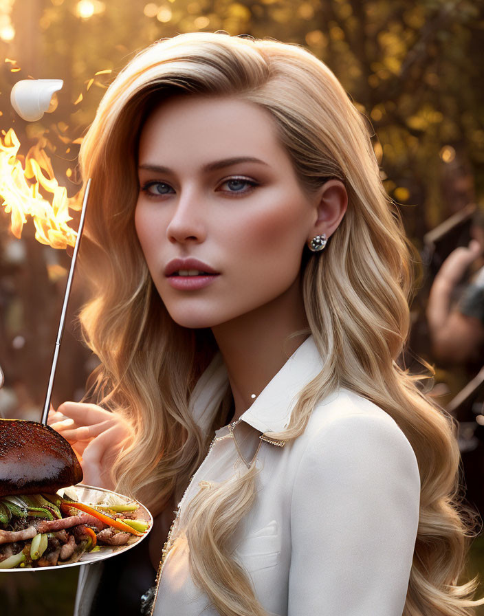 Blonde Woman Holding Flaming Marshmallow Skewer in White Shirt