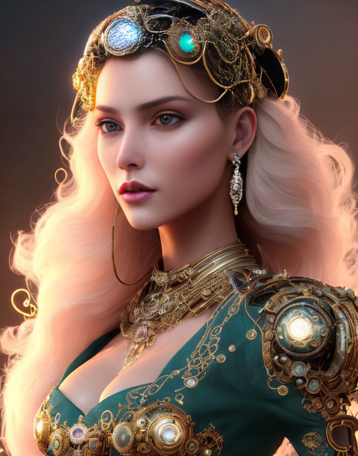 Digital artwork of woman in gold and emerald fantasy costume