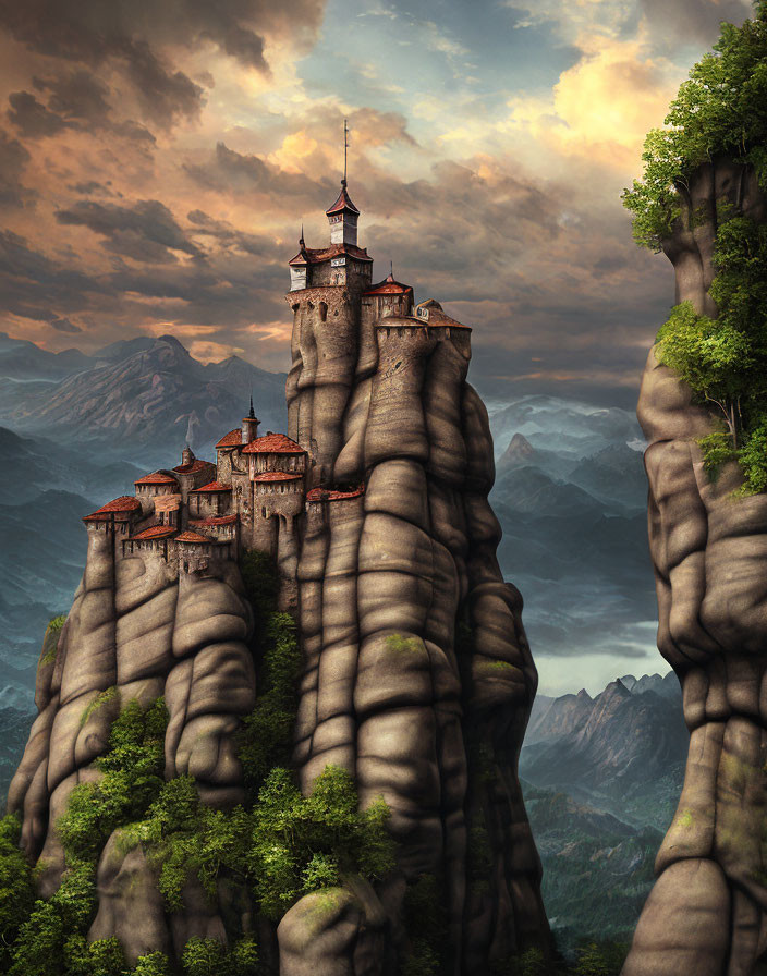 Enchanting castle on towering rock pillars in lush greenery under dramatic sunset.