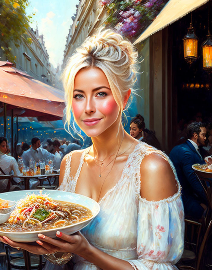 Blond woman holding pasta in street cafe scene