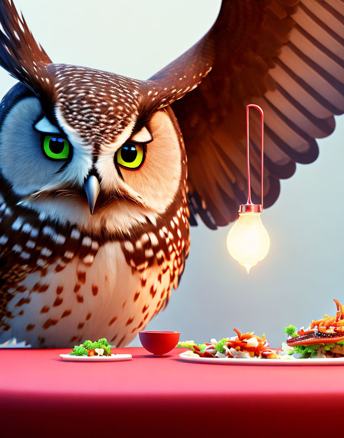 Animated owl at red table with burger and lightbulb