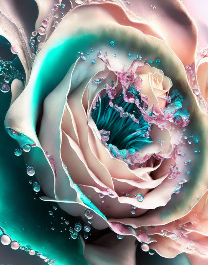 Teal and Pink Rose with Water Droplets and Crystals