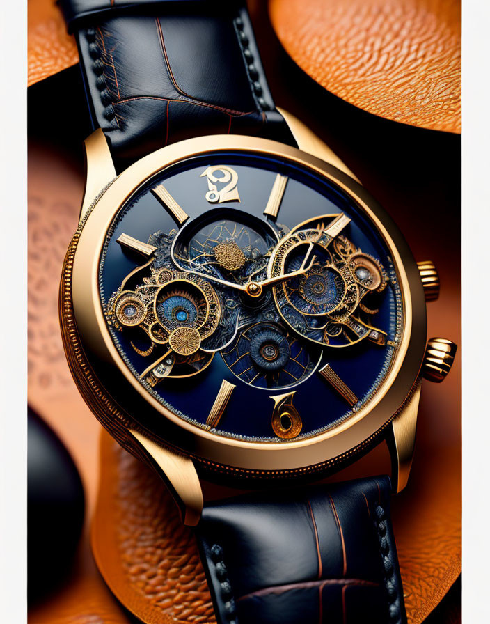 Luxurious Skeleton Watch: Gold Details, Mechanical Gears, Leather Strap, Amber Background