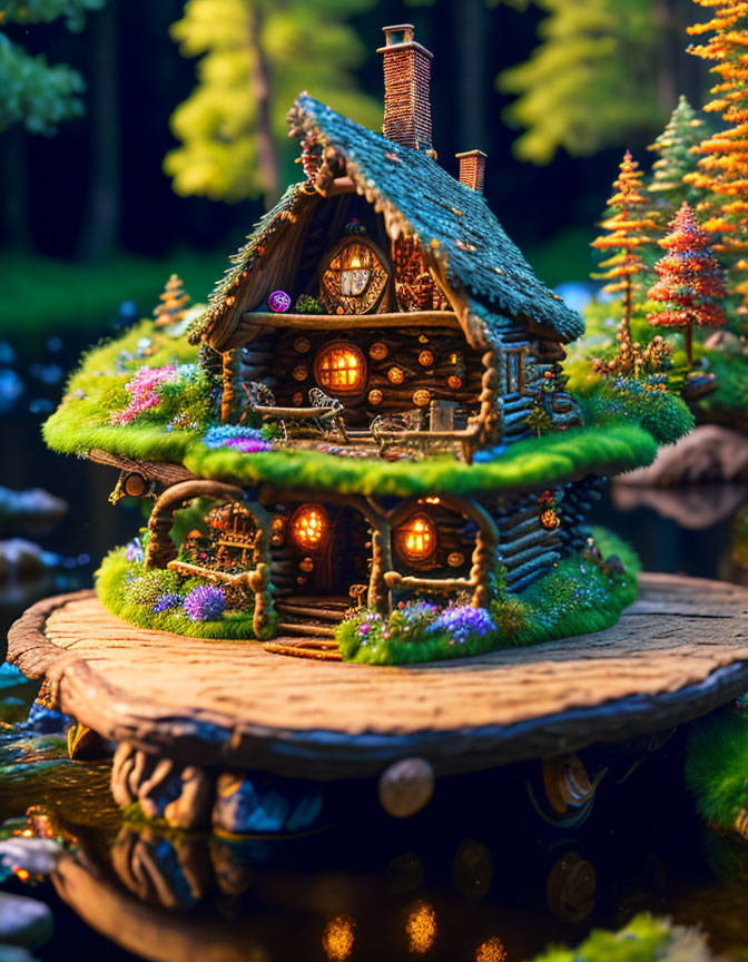 Miniature illuminated fantasy house in enchanted forest setting