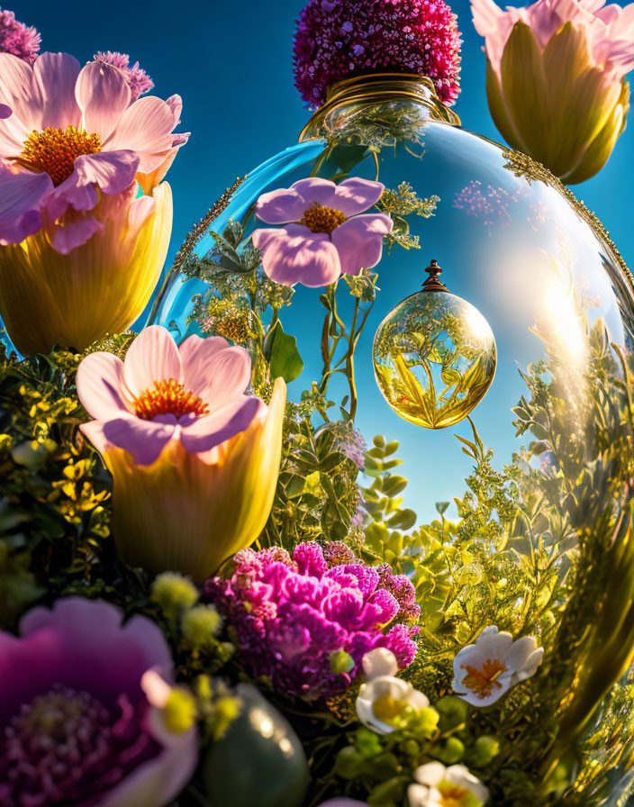 Colorful flowers and glass bulbs on blue background