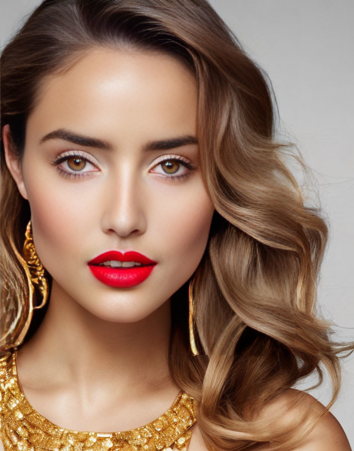 Portrait of a Woman with Wavy Hair and Red Lipstick