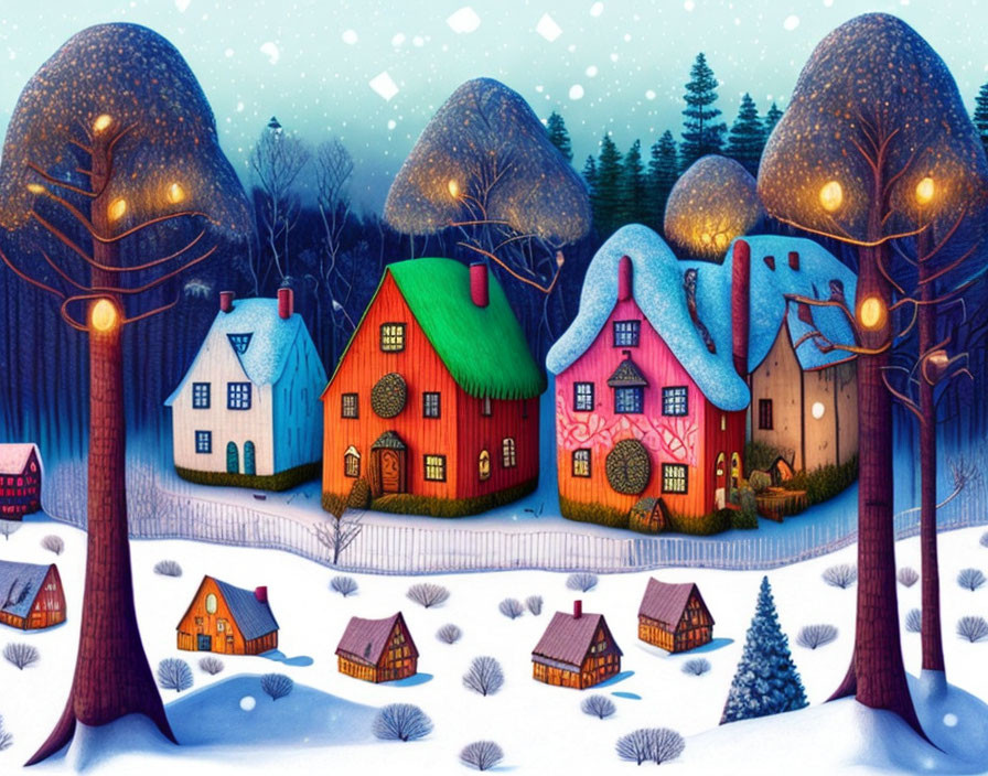 Colorful Winter Village Night Scene with Snow-Covered Trees