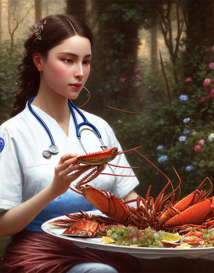 Female Doctor with Stethoscope Examining Lobster on Plate