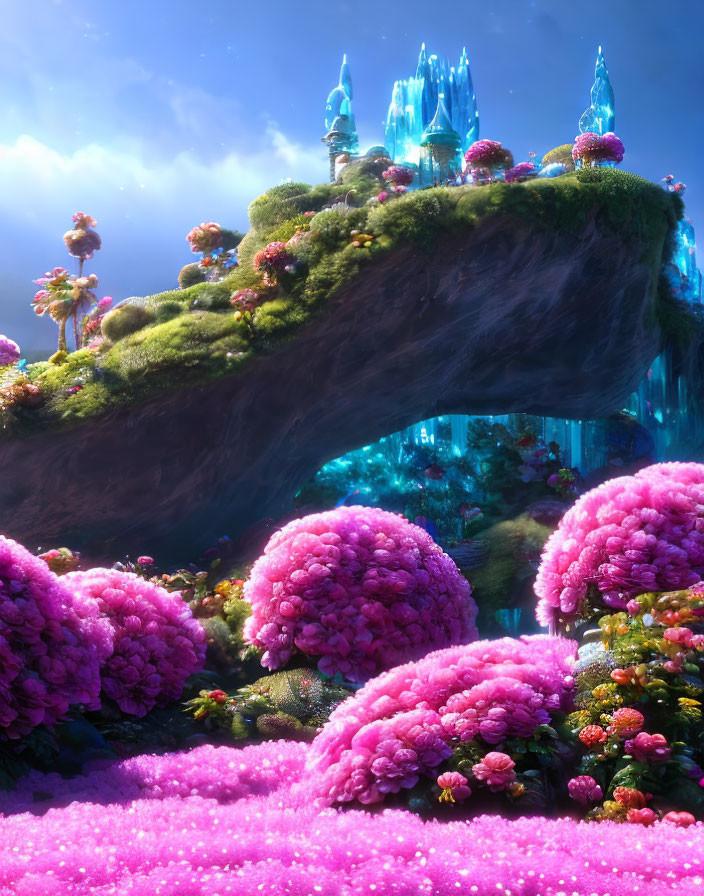 Pink Flora and Crystal Castle in Enchanted Landscape