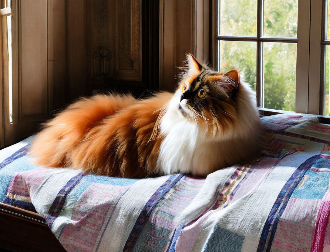 Fluffy calico cat with orange, black, and white fur on checked blanket by window