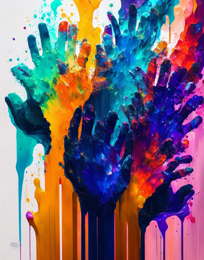 Colorful handprints painting with splattered paint on white background