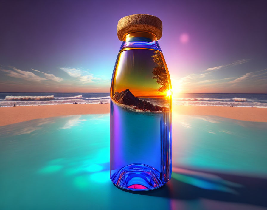 Miniature Beach Scene in Transparent Bottle with Wooden Cap