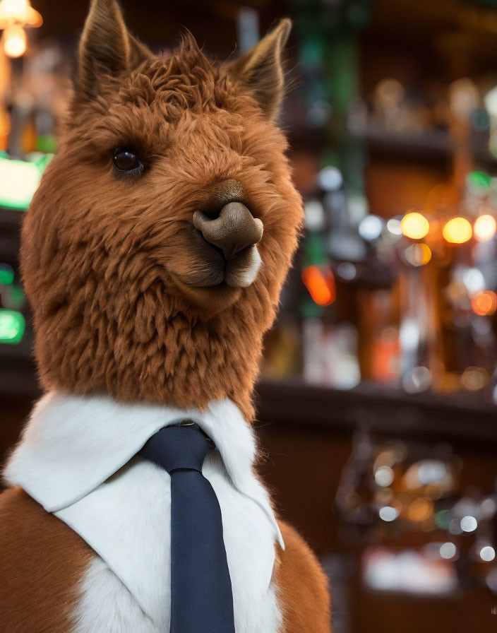 Alpaca in white shirt and dark tie against bar backdrop