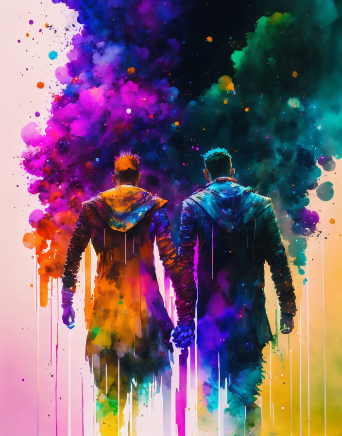 Silhouettes walking into vibrant cosmic colors