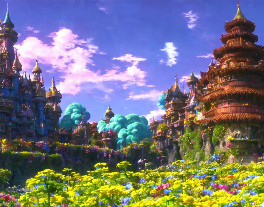 Colorful Blooming Flowers and Whimsical Towers in Fantasy Landscape