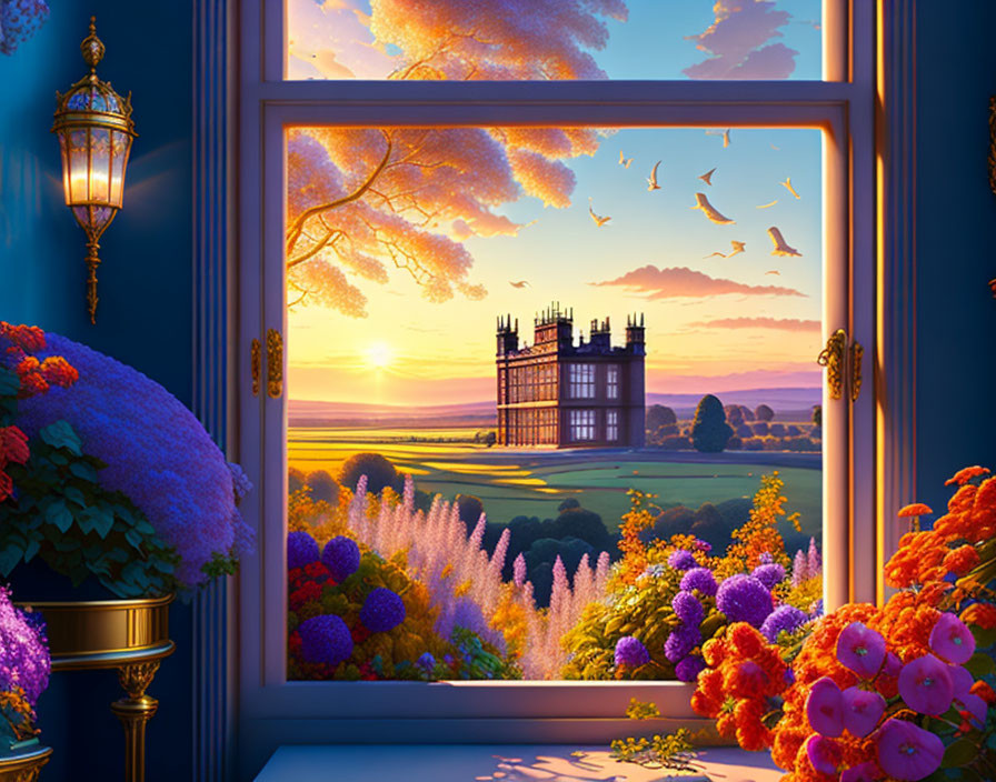 Scenic sunset view from window: lush estate, colorful flowers, birds.