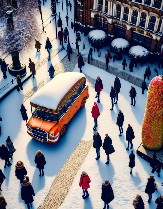 Vibrant orange bus on cobblestone street with people in winter clothing