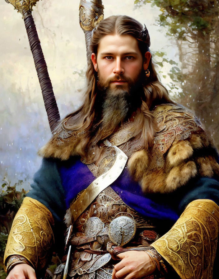 Regal warrior with long beard in fur and armor with sword in misty forest