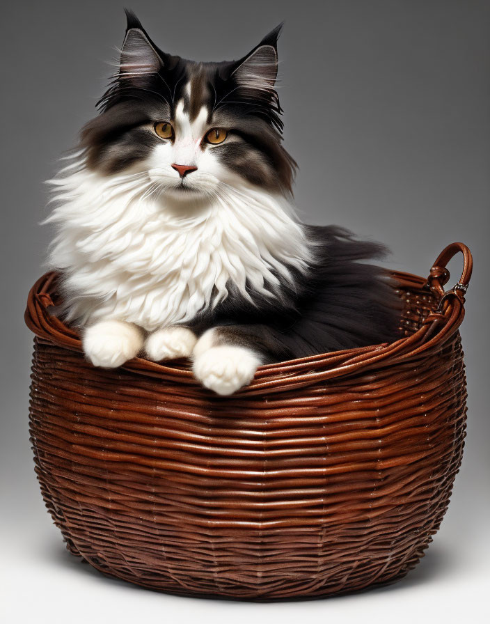 Black and White Cat with Yellow Eyes in Wicker Basket