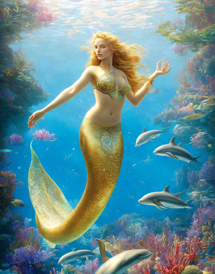 Golden-tailed mermaid swimming with dolphins in vibrant coral reefs