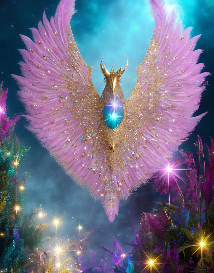 Golden Crown with Heart-shaped Pink Wing and Blue Gemstone on Starry Night Sky