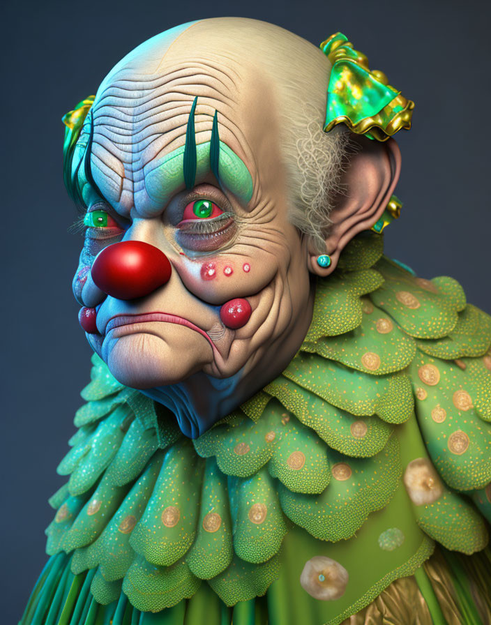 Detailed 3D Clown Illustration with Green Hair and Melancholic Expression