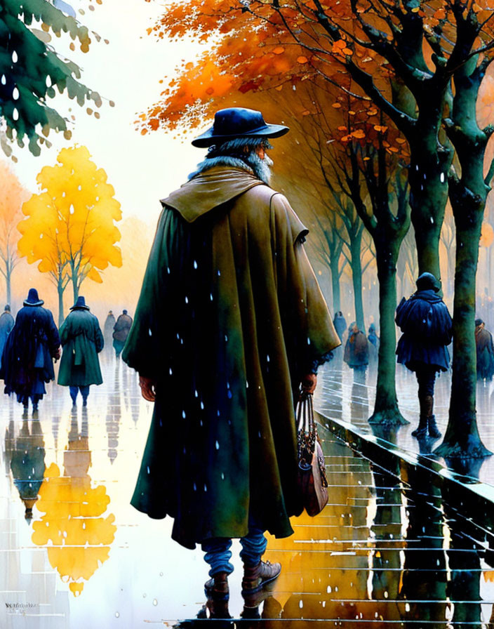 Person in long coat on wet path with autumn trees