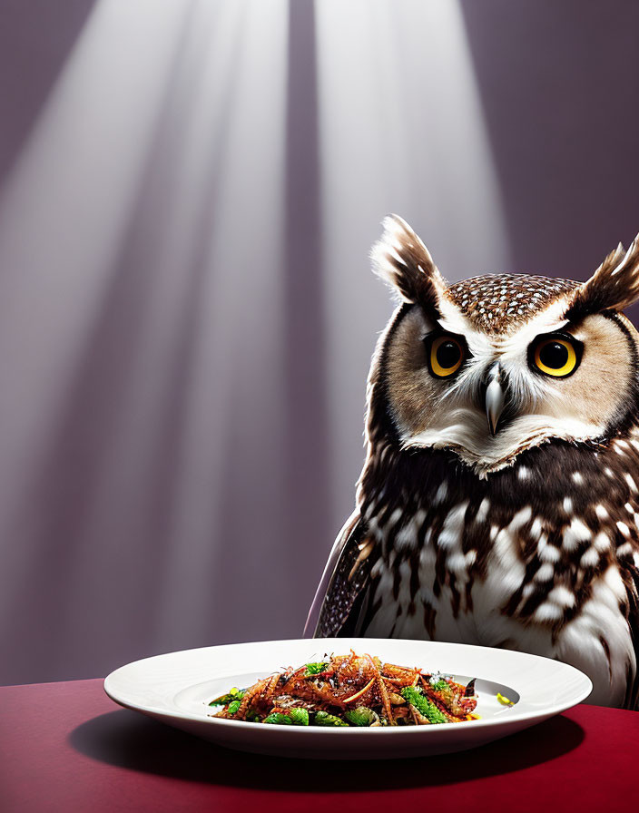 Yellow-eyed owl gazes at food on plate under purple spotlight