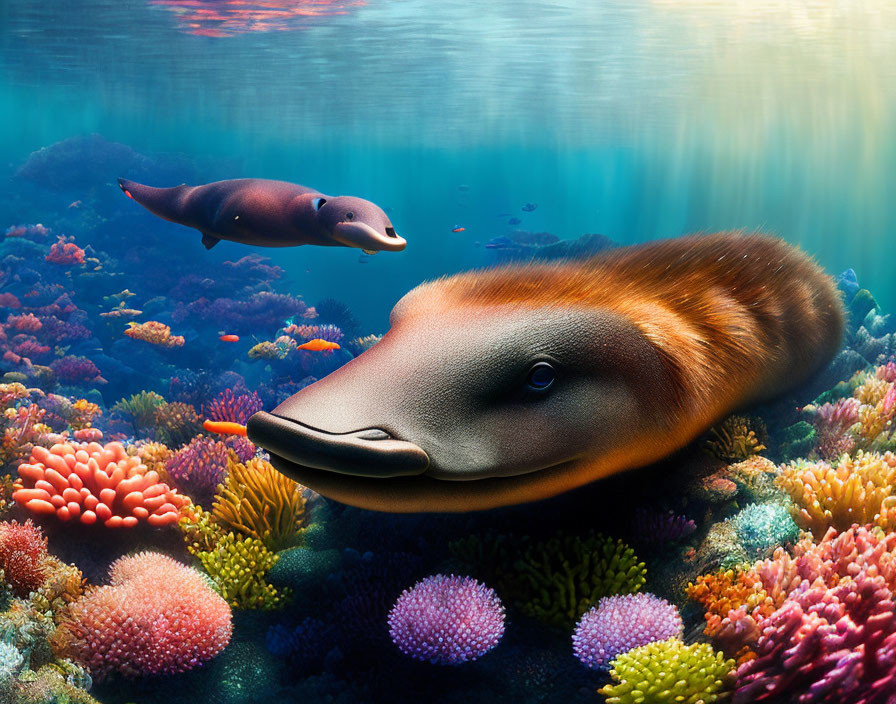 Large Duck-Billed Creature on Colorful Coral Reef