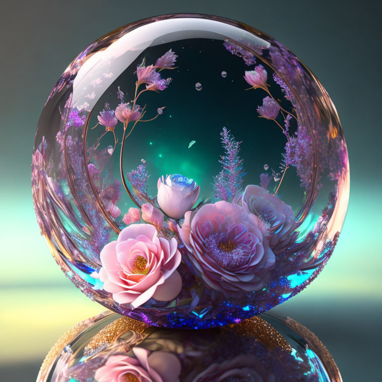 Ethereal pink blossoms in crystal ball on reflective surface