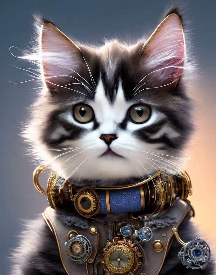 Photorealistic steampunk kitten with gears and blue neckpiece on soft-focus background