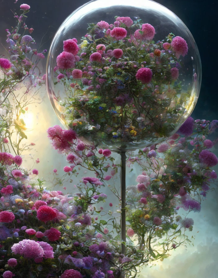 Transparent sphere with pink and purple flowers on slender stem in misty background