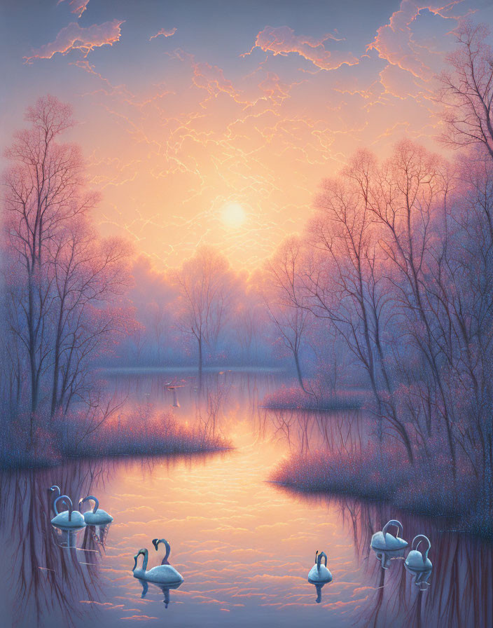 Swans on misty lake at sunrise with orange light and bare trees.