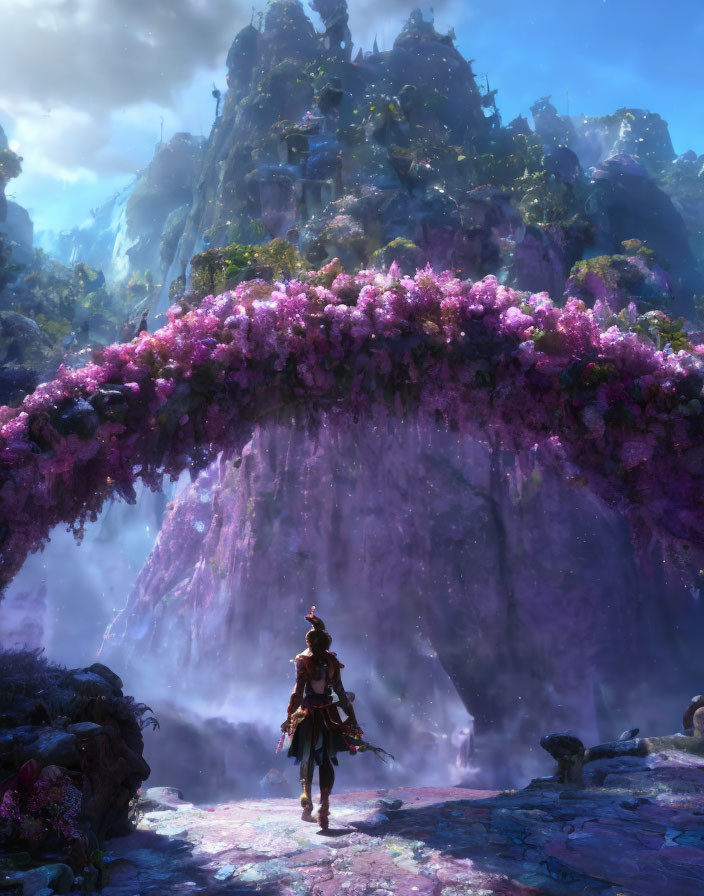 Armored character in surreal landscape with pink blossoms and waterfalls