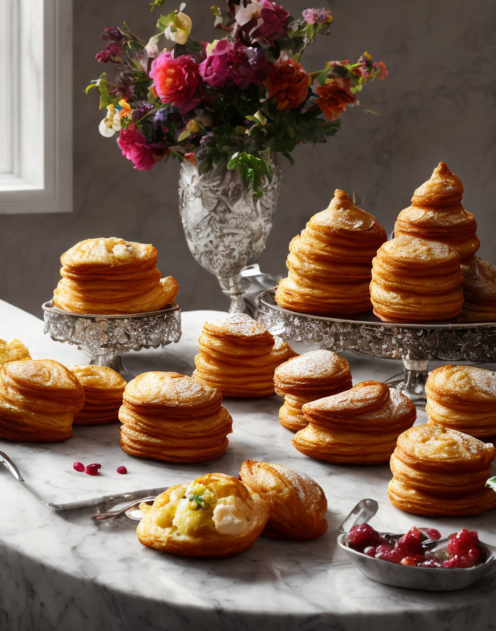 French Pastries Displayed on Tiered Stands with Colorful Flowers