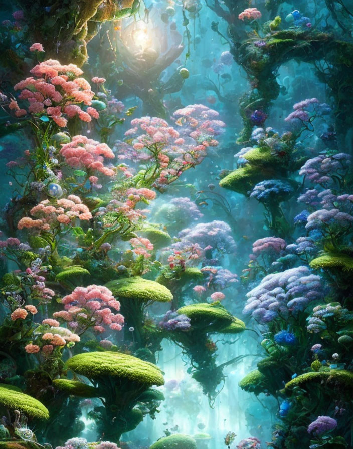 Colorful Underwater Scene: Pink and Purple Coral, Green Moss, Sunlight Beams