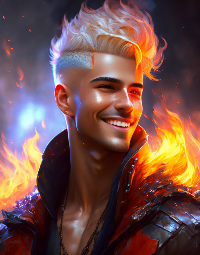 Platinum blond man with fiery backdrop and glowing embers portrait