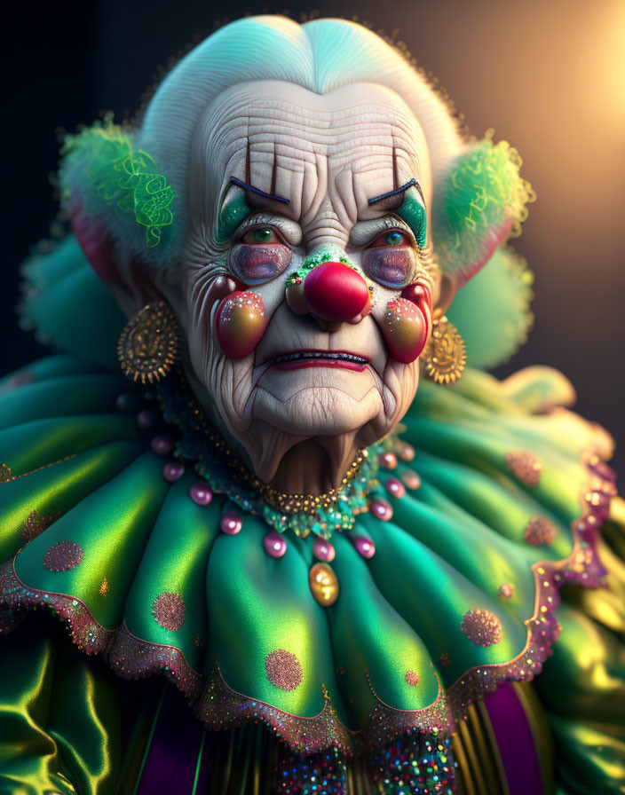 Elderly Clown with Red Nose, Green Collar & Elaborate Earrings