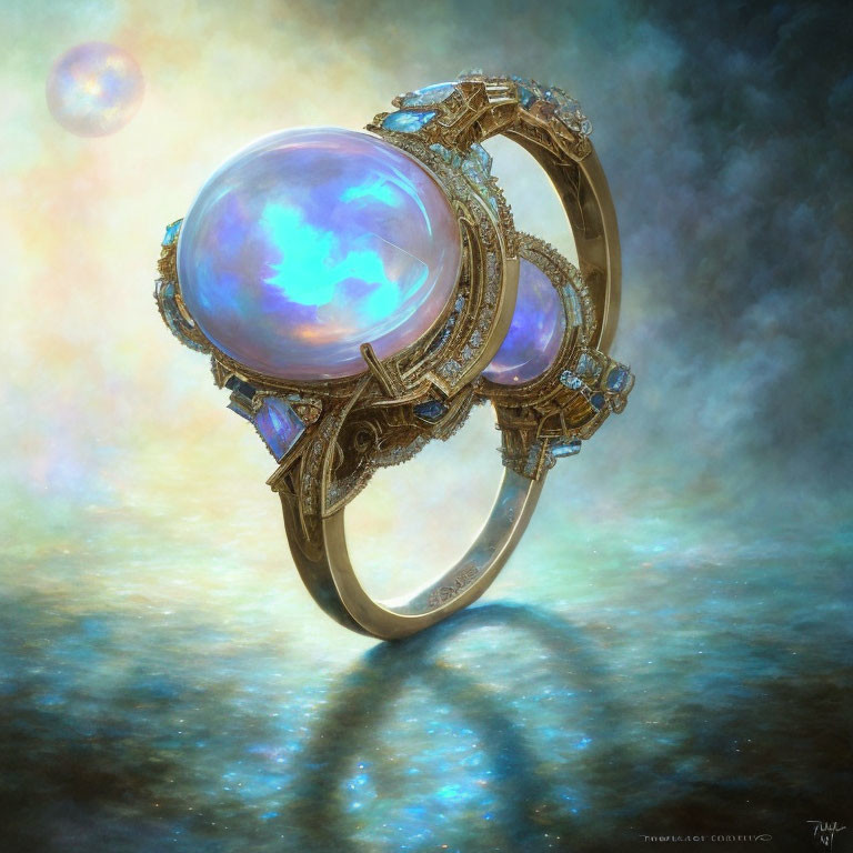 Opalescent orb in ornate golden ring against cosmic backdrop