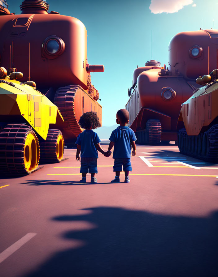 Two children facing futuristic tanks under a blue sky